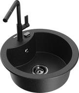 Mexen Diego single-bowl granite sink with Flora kitchen tap, black/silver metallic - 6512-73-670401-70-B