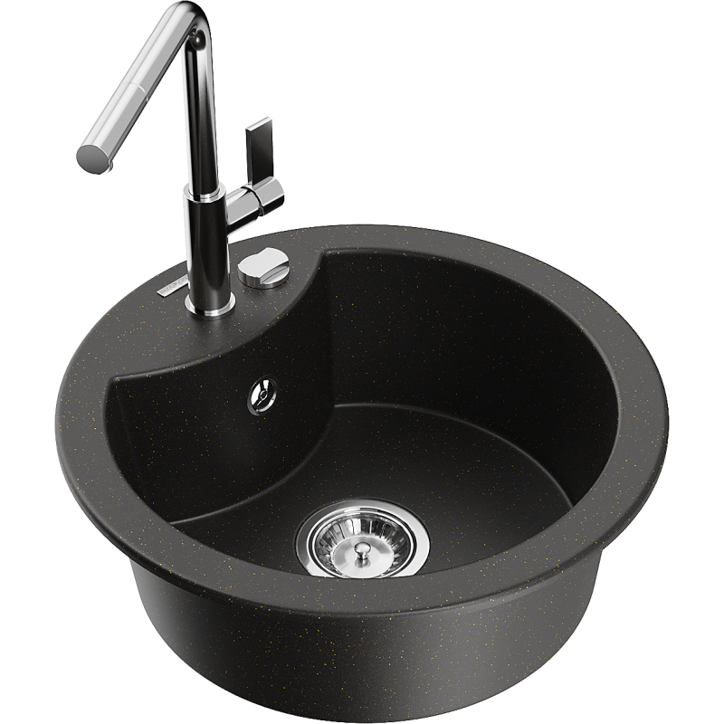 Mexen Diego 1-compartment granite sink with a kitchen mixer tap Flora, Black/Gold metallic - 6512-75-670401-00