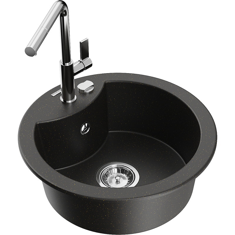 Mexen Diego granite single-bowl sink with Flora kitchen faucet, black/gold metallic - 6512-75-670401-00