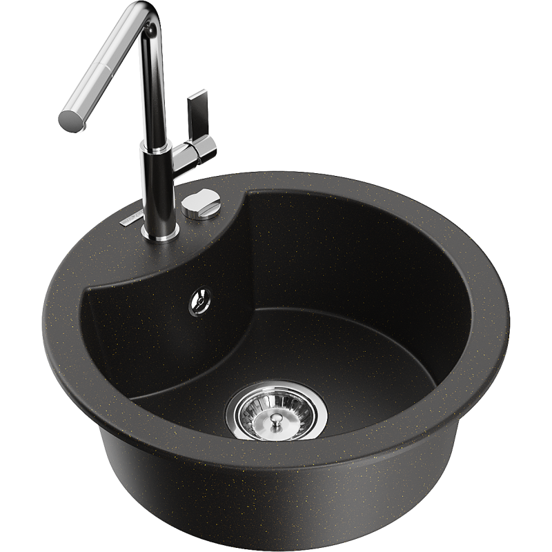 Mexen Diego single-bowl granite sink with Flora kitchen tap, black/gold metallic - 6512-75-670401-00