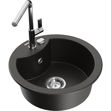 Mexen Diego 1-Bowl Granite Sink with Flora Kitchen Faucet, Black/Gold Metallic - 6512-75-670401-00
