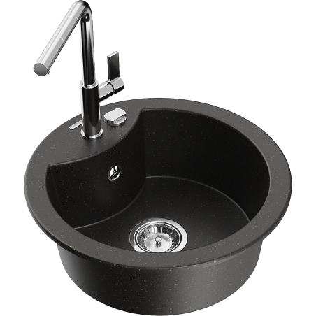 Mexen Diego single-bowl granite sink with Flora kitchen tap, black/gold metallic - 6512-75-670401-00