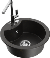 Mexen Diego single-bowl granite sink with Flora kitchen tap, black/gold metallic - 6512-75-670401-00