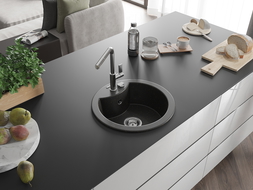 Mexen Diego 1-compartment granite sink with a kitchen mixer tap Flora, Black/Gold metallic - 6512-75-670401-00