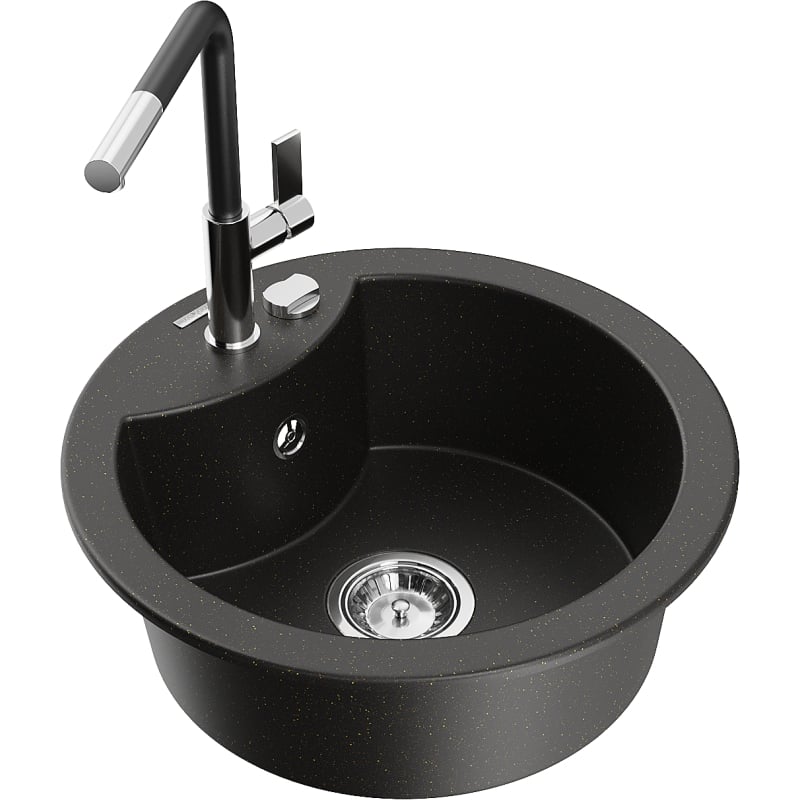 Mexen Diego 1-bowl granite sink with Flora kitchen faucet, black/gold metallic - 6512-75-670401-07