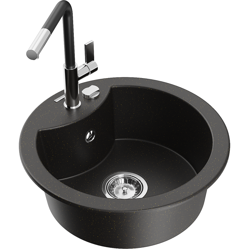 Mexen Diego 1-bowl granite sink with Flora kitchen tap, black/golden metallic - 6512-75-670401-07