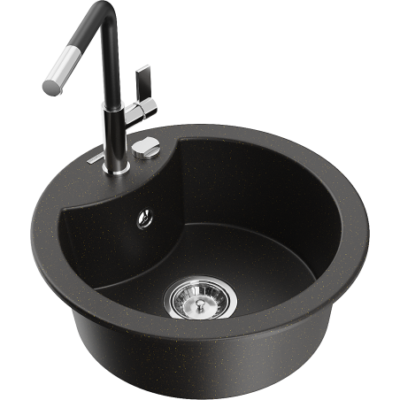 Mexen Diego 1-bowl granite sink with Flora kitchen faucet, black/gold metallic - 6512-75-670401-07