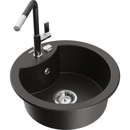 Mexen Diego 1-bowl granite sink with Flora kitchen tap, black/golden metallic - 6512-75-670401-07
