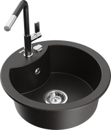 Mexen Diego 1-bowl granite sink with Flora kitchen faucet, black/gold metallic - 6512-75-670401-07