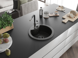 Mexen Diego granite sink, 1-bowl with Flora kitchen faucet, black/gold metallic - 6512-75-670401-07-B