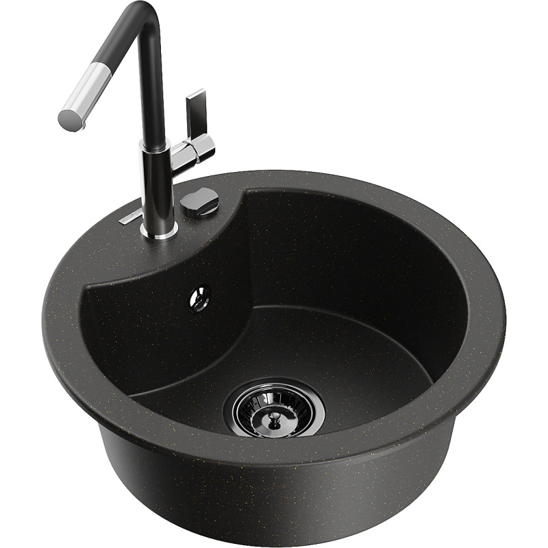 Mexen Diego granite sink, 1-bowl with Flora kitchen faucet, black/gold metallic - 6512-75-670401-07-B
