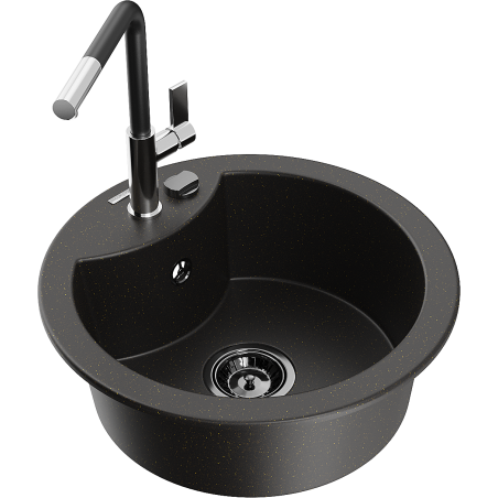 Mexen Diego granite sink, 1-bowl with Flora kitchen faucet, black/gold metallic - 6512-75-670401-07-B