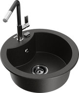 Mexen Diego 1-compartment granite sink with a kitchen mixer tap Flora, Black/Gold metallic - 6512-75-670401-07-B