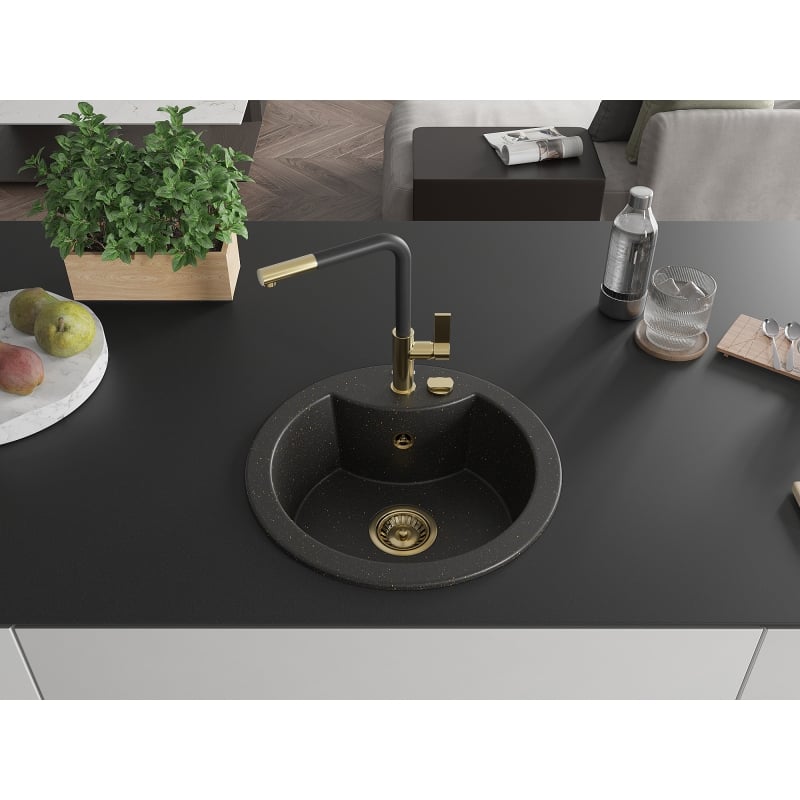 Mexen Diego 1-bowl granite kitchen sink with Flora faucet, black/gold metallic - 6512-75-670401-57-G