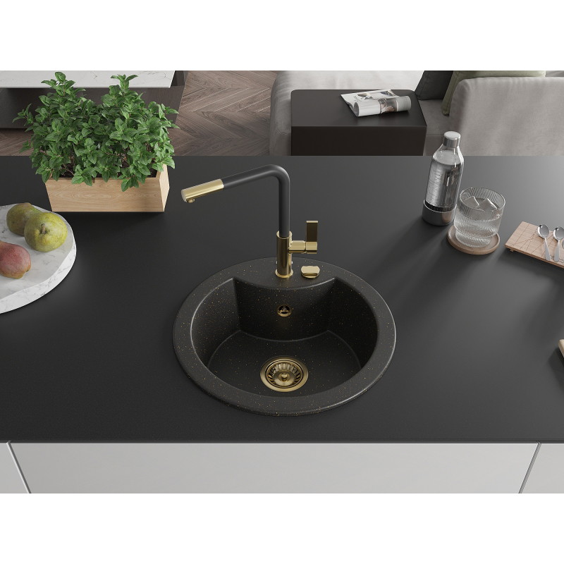 Mexen Diego granite kitchen sink single-bowl with Flora kitchen faucet, black/gold metallic - 6512-75-670401-57-G