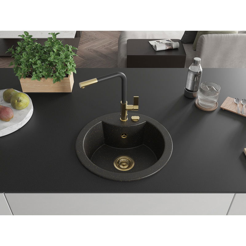 Mexen Diego single-bowl granite sink with Flora kitchen faucet, black/golden metallic - 6512-75-670401-57-G