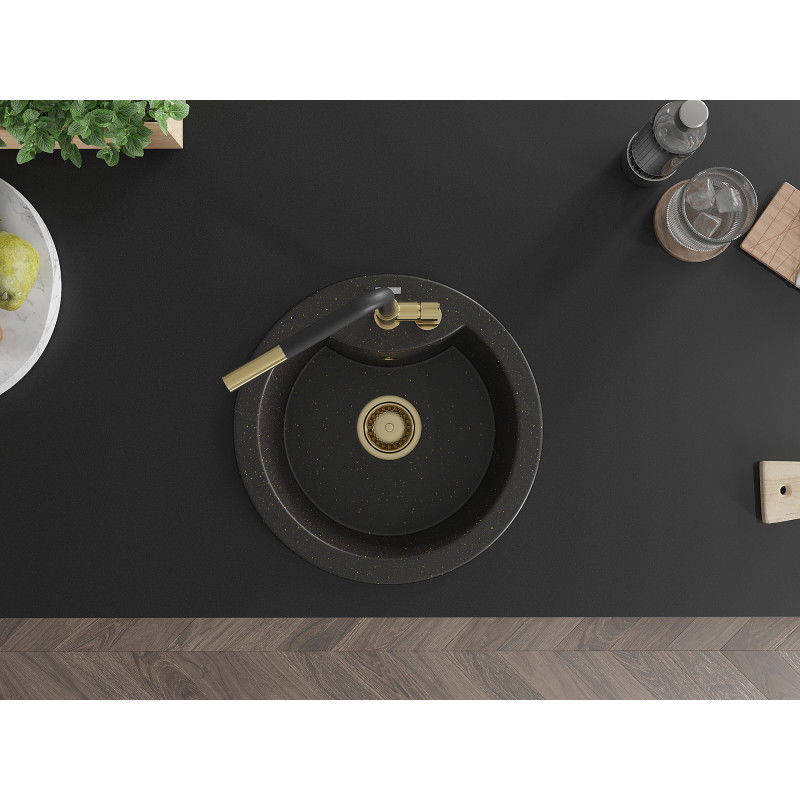 Mexen Diego single-bowl granite sink with Flora kitchen faucet, black/golden metallic - 6512-75-670401-57-G