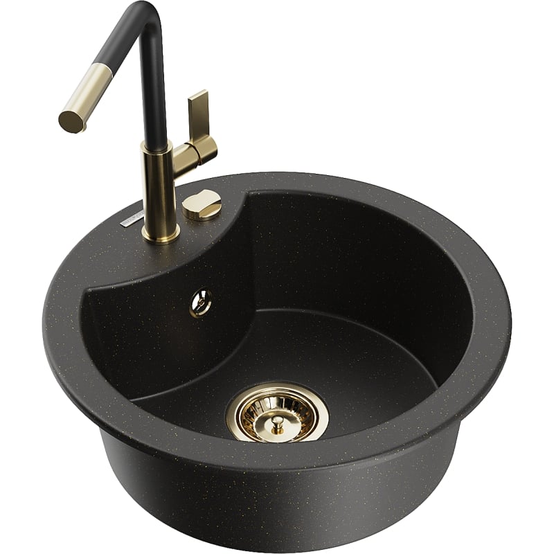 Mexen Diego 1-bowl granite kitchen sink with Flora faucet, black/gold metallic - 6512-75-670401-57-G