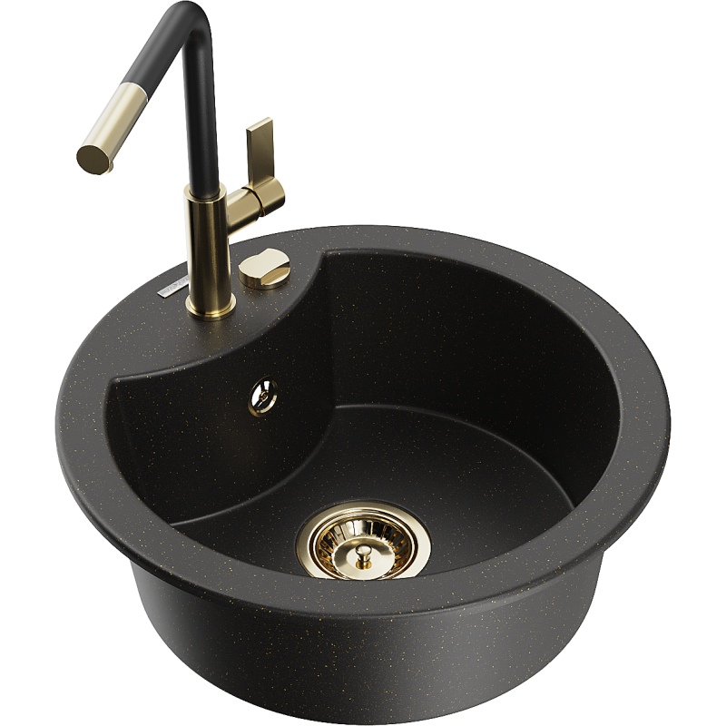 Mexen Diego 1-compartment granite sink with a kitchen mixer tap Flora, Black/Gold metallic - 6512-75-670401-57-G