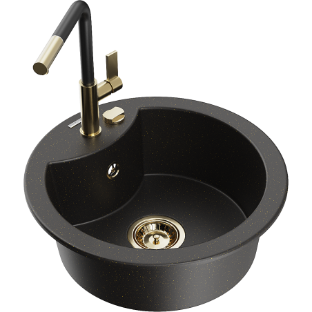Mexen Diego granite kitchen sink single-bowl with Flora kitchen faucet, black/gold metallic - 6512-75-670401-57-G