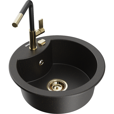 Mexen Diego single-bowl granite sink with Flora kitchen faucet, black/golden metallic - 6512-75-670401-57-G