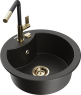 Mexen Diego single-bowl granite sink with Flora kitchen faucet, black/golden metallic - 6512-75-670401-57-G