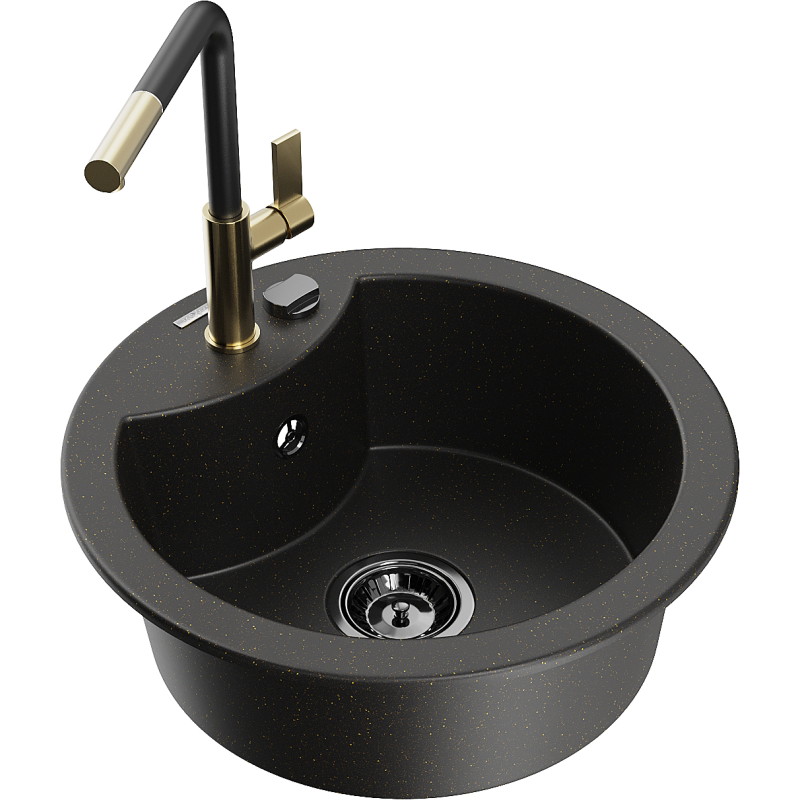 Mexen Diego granite kitchen sink 1-bowl with Flora kitchen tap, black/golden metallic - 6512-75-670401-57-B