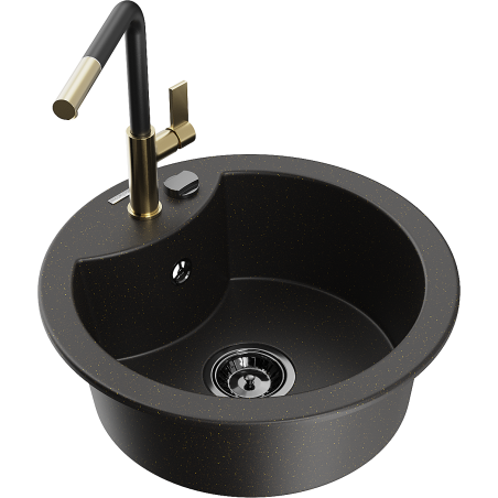 Mexen Diego 1-bowl granite sink with Flora kitchen faucet, black/golden metallic - 6512-75-670401-57-B