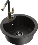 Mexen Diego granite kitchen sink 1-bowl with Flora kitchen tap, black/golden metallic - 6512-75-670401-57-B