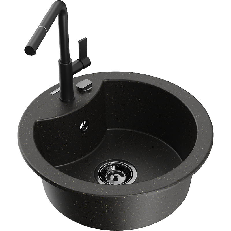 Mexen Diego 1-bowl granite kitchen sink with Flora kitchen tap, black/gold metallic - 6512-75-670401-70-B