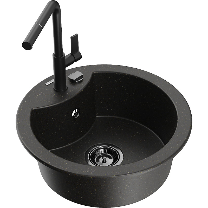 Mexen Diego granite kitchen sink 1-bowl with Flora kitchen faucet, black/golden metallic - 6512-75-670401-70-B