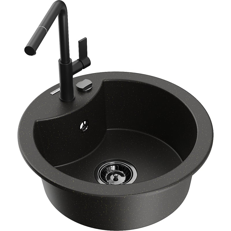 Mexen Diego granite sink 1-bowl with Flora kitchen faucet, black/gold metallic - 6512-75-670401-70-B