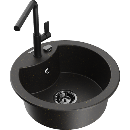 Mexen Diego granite kitchen sink 1-bowl with Flora kitchen faucet, black/golden metallic - 6512-75-670401-70-B