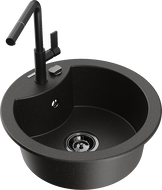 Mexen Diego granite kitchen sink 1-bowl with Flora kitchen faucet, black/golden metallic - 6512-75-670401-70-B