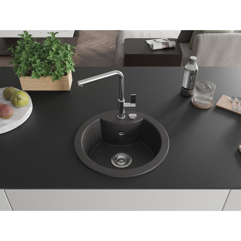 Mexen Diego granite single-bowl sink with Flora kitchen faucet, black speckled - 6512-76-670401-00