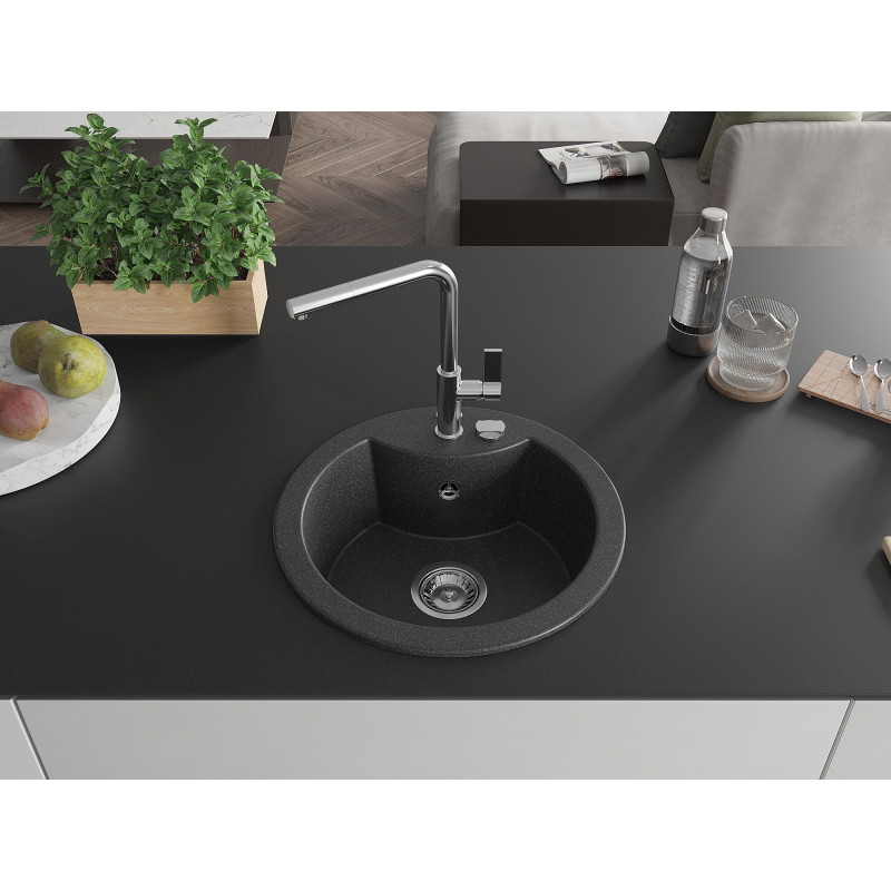 Mexen Diego granite sink 1-bowl with Flora kitchen faucet, black speckled - 6512-76-670401-00