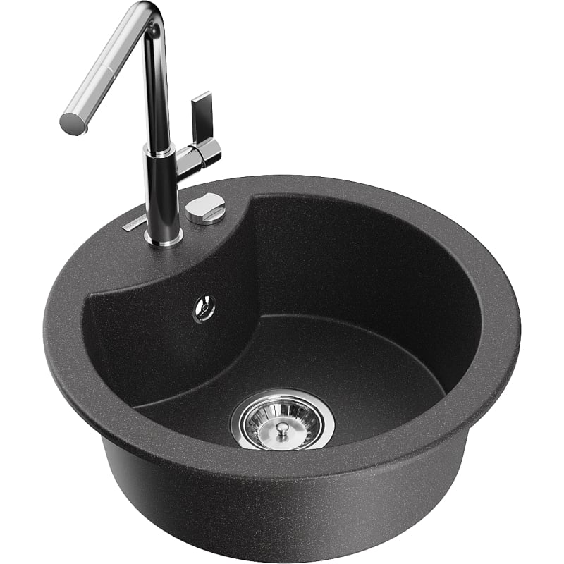 Mexen Diego granite single-bowl sink with Flora kitchen faucet, black speckled - 6512-76-670401-00