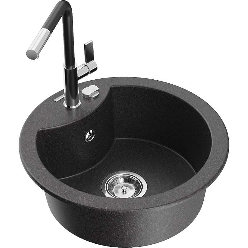 Mexen Diego granite kitchen sink with 1 bowl and Flora kitchen faucet, speckled black - 6512-76-670401-07