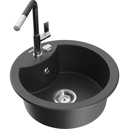 Mexen Diego granite kitchen sink single-bowl with Flora faucet, black speckled - 6512-76-670401-07