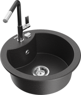 Mexen Diego granite kitchen sink single-bowl with Flora faucet, black speckled - 6512-76-670401-07