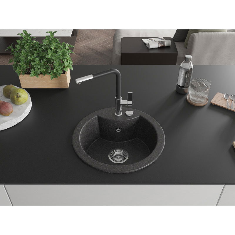 Mexen Diego 1-bowl Granite Sink with Flora Kitchen Tap, Black Speckled - 6512-76-670401-07