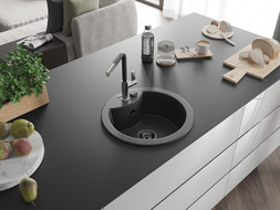 Mexen Diego 1-compartment granite sink with a kitchen mixer tap Flora, spotted black - 6512-76-670401-07-B