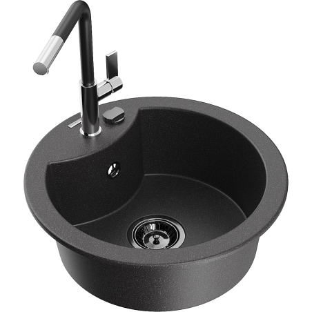Mexen Diego 1-bowl granite sink with Flora kitchen tap, black speckled - 6512-76-670401-07-B