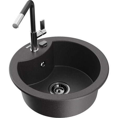 Mexen Diego granite kitchen sink 1-bowl with Flora kitchen faucet, black speckled - 6512-76-670401-07-B
