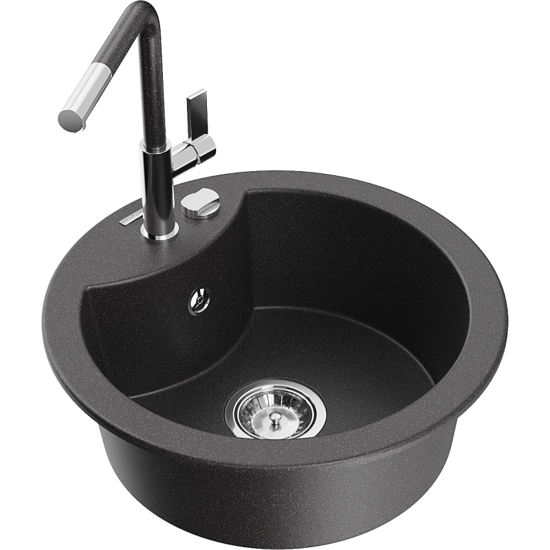 Mexen Diego 1-compartment granite sink with a kitchen mixer tap Flora, Black/Gold metallic - 6512-76-670401-08