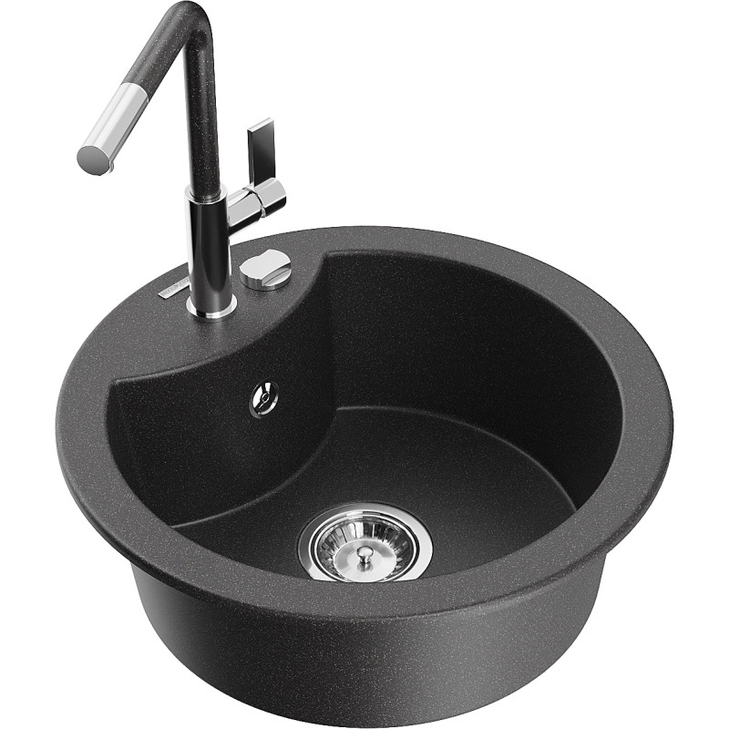 Mexen Diego granite sink with 1 basin and Flora kitchen faucet, speckled black - 6512-76-670401-08