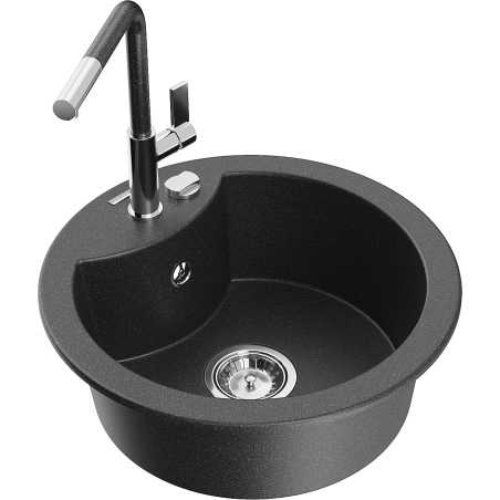 Mexen Diego granite sink with 1 basin and Flora kitchen faucet, speckled black - 6512-76-670401-08