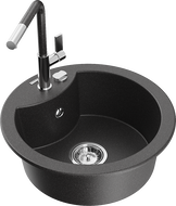 Mexen Diego 1-compartment granite sink with a kitchen mixer tap Flora, Black/Gold metallic - 6512-76-670401-08