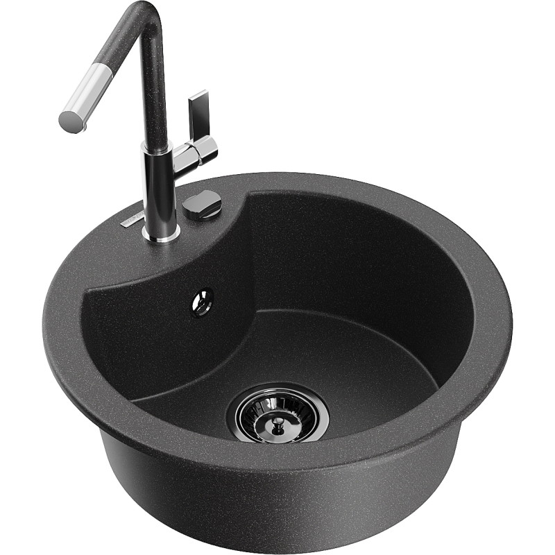 Mexen Diego 1-bowl granite sink with Flora kitchen faucet, black speckled - 6512-76-670401-08-B