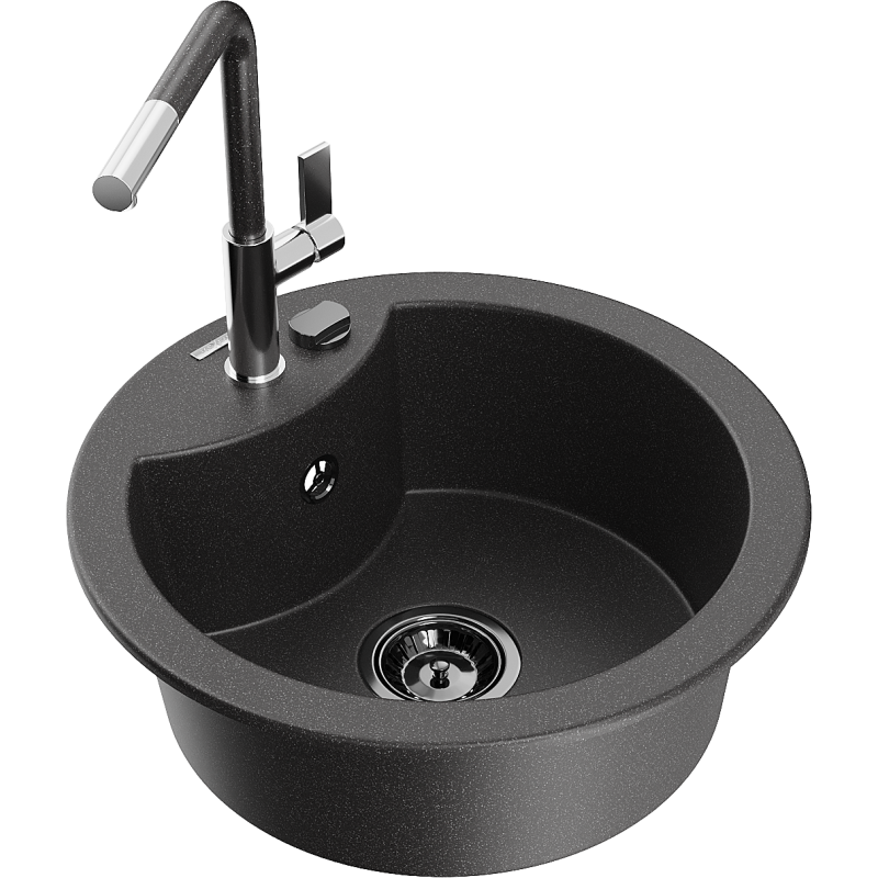 Mexen Diego 1-compartment granite sink with a kitchen mixer tap Flora, spotted black - 6512-76-670401-08-B